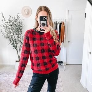 3.1 PHILLIP LIM Red & Black Buffalo Plaid Buckle Pullover Knit  Sweater